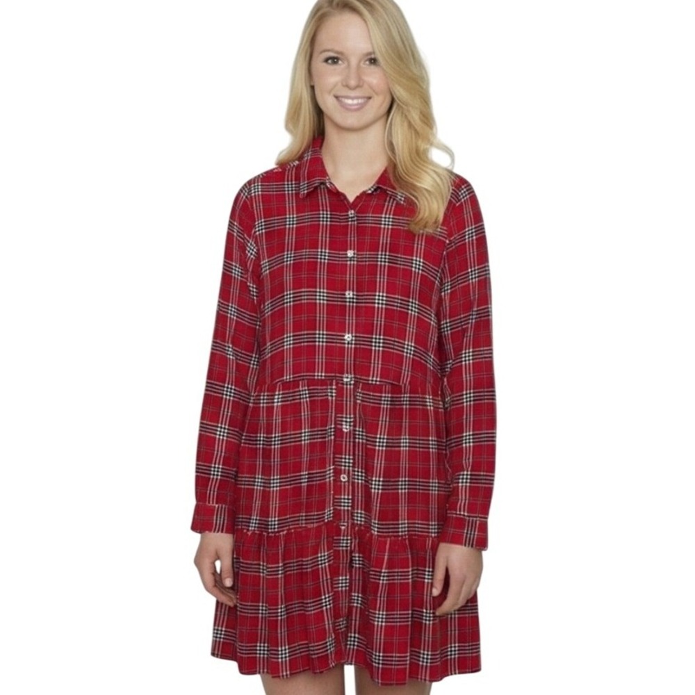 LOFT Plaid Shirt Dress Women's Long Sleeve Button Down Casual Red Black Size‎ L
